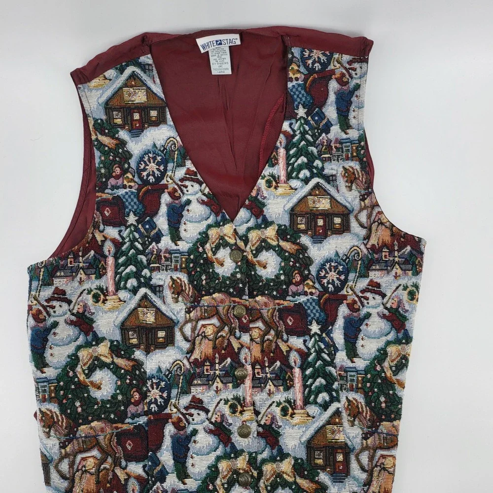 Vintage White Stag Women's Holiday‎ Winter Scene Tapestry Vest Size Large